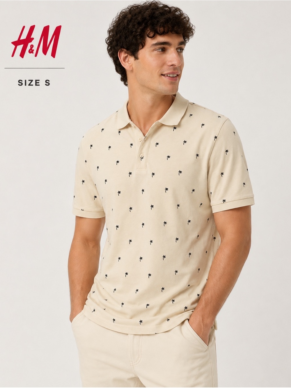 H&M Palm Tree Print Polo Shirt Size S Men’s Casual Summer Beige Short Sleeve